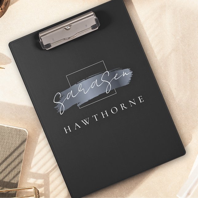 Porte-bloc Chic Brush Stroke Black Faux Silver Grey Monogramm (Créateur téléchargé)