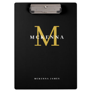 Porte-bloc Chic Monogramme Moderne Noir Or Nom Initial