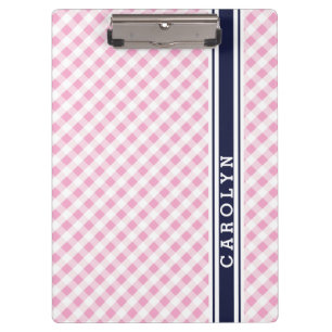 Porte-bloc chic preppy rose marine en vichy motif monogramme