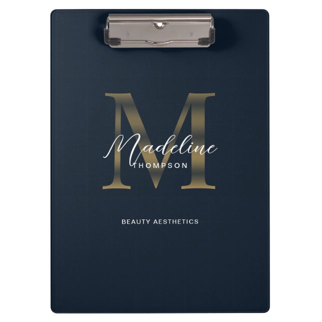 Porte-bloc Chic Script Metallic Navy Blue Gold Monogram (Devant)