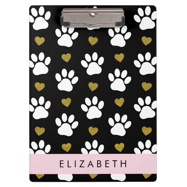 Porte-bloc Chien Paws, White Paws, Gold Hearts, Votre Nom (Devant)