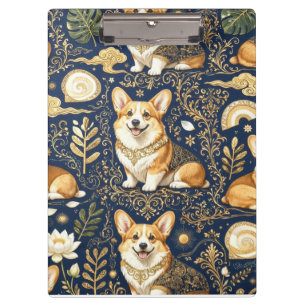 Porte-bloc Chiens Corgi Élégants Motif Damassé Doré Bleu Mari