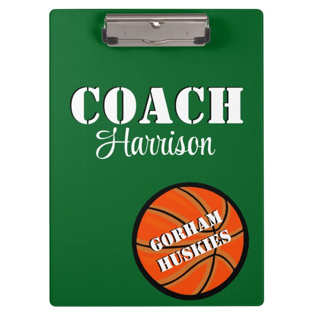 Porte-bloc Coach d'équipe Basketball vert et blanc Personnali (Devant)