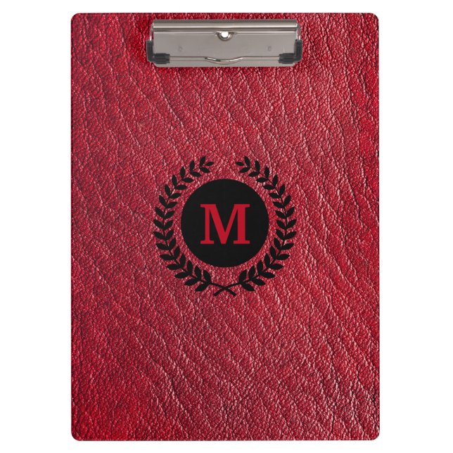 Porte-bloc Cuir rouge Faux avec couronne Laurel et monogramme (Devant)