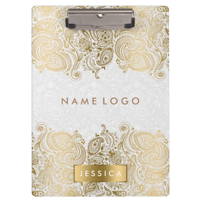 Porte-bloc Dentelle Paisley Or Avec Arrière - plan Blanc (Devant)