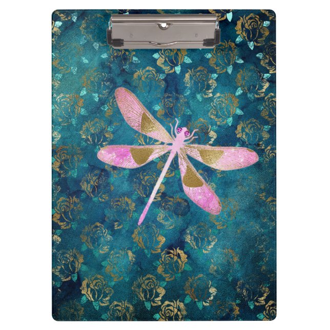 Porte-bloc Dragonfly rose Gold sur Turquoise Floral Arrière - (Devant)