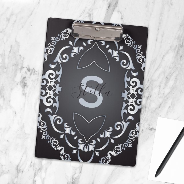 Porte-bloc Elégant Baroque Luxe Chic Bordure Noir & Argent (Créateur téléchargé)
