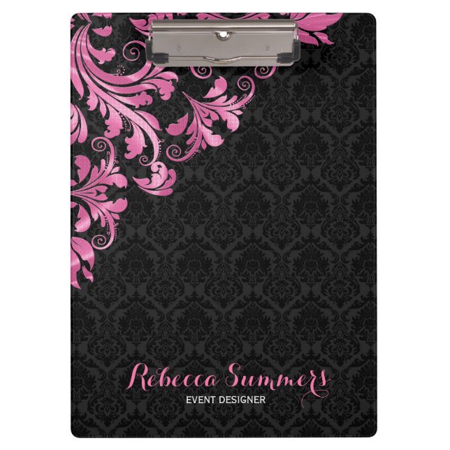 Porte-bloc Élégant dentelle en métal rose noir Damas (Devant)