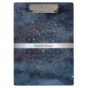 Porte-bloc Élégant mandala moderne argenté rayure bleu marine