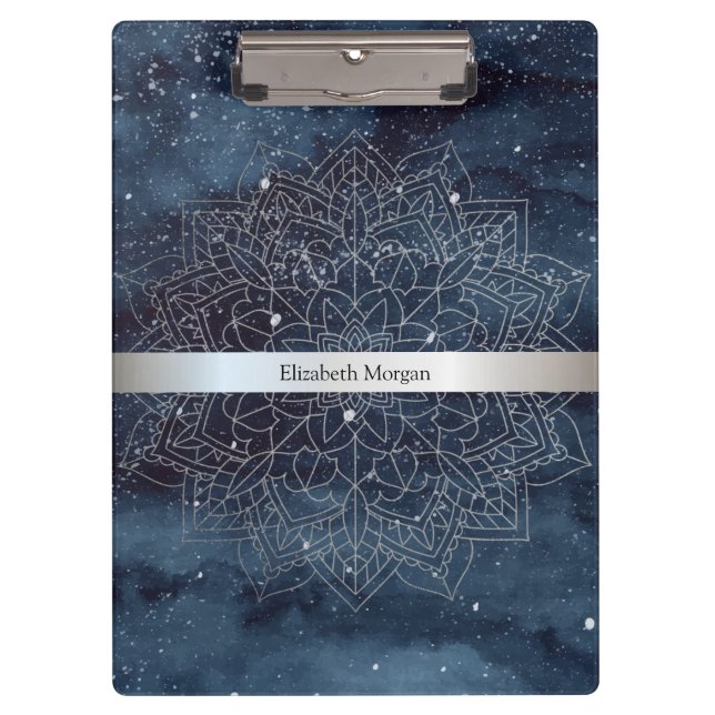 Porte-bloc Elégant moderne en argent Mandala Stripe Navy bleu (Devant)