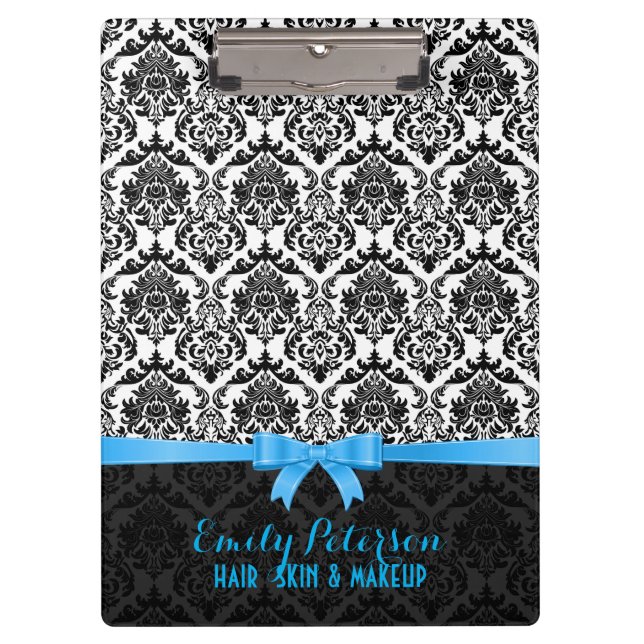 Porte-bloc Élégant ruban bleu noir et blanc Damas (Devant)