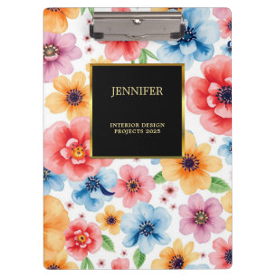 Porte-bloc Elégante aquarelle fleurs noir or professionnel