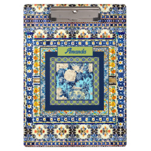 Porte-bloc Élégante chine à carreaux bleu floral note monogra