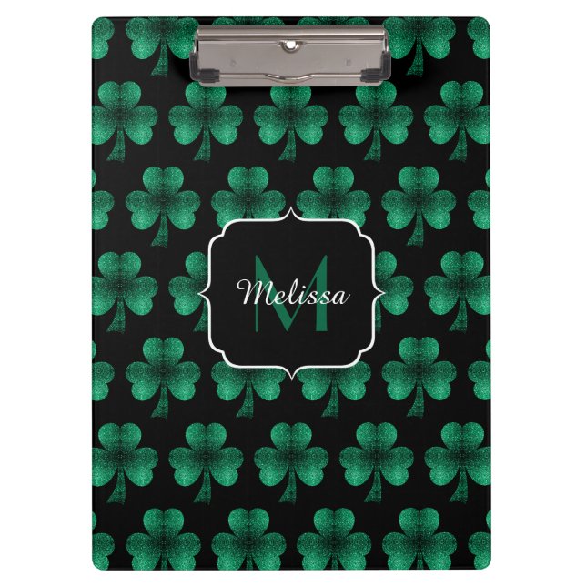 Porte-bloc Emerald Green Sparkle Shamrock noir Monogramme (Devant)