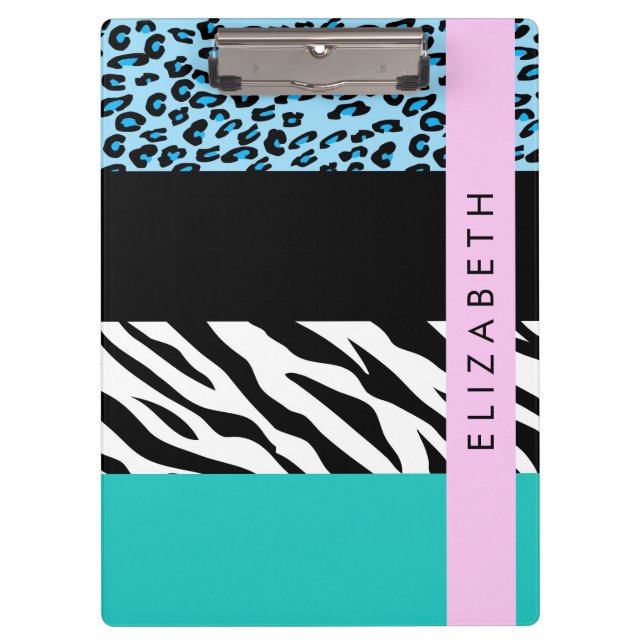 Porte-bloc Empreinte de léopard, Zebra Print, Bleu, Votre nom (Devant)