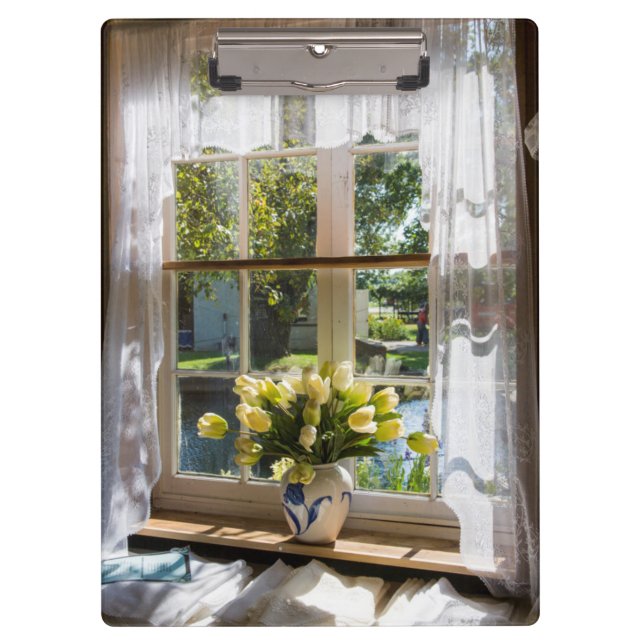 Porte-bloc Fenêtre avec rideau de dentelle et tulipe (Devant)