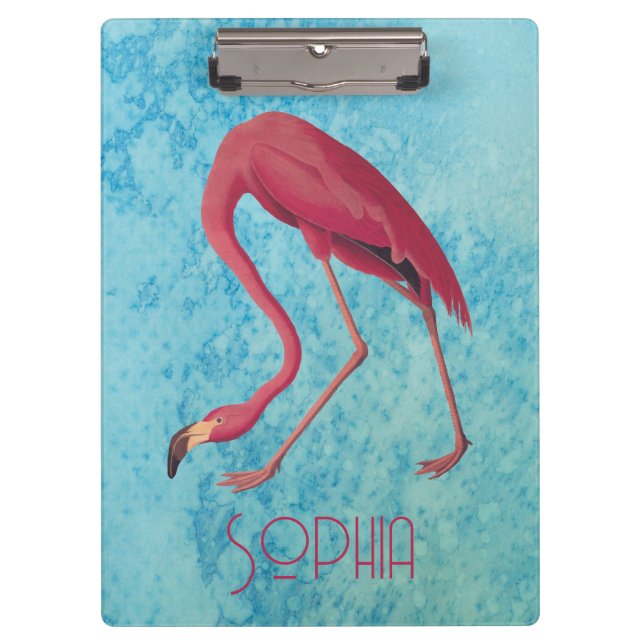 Porte-bloc Flamant rose rose Audubon sur aquarelle bleue (Devant)