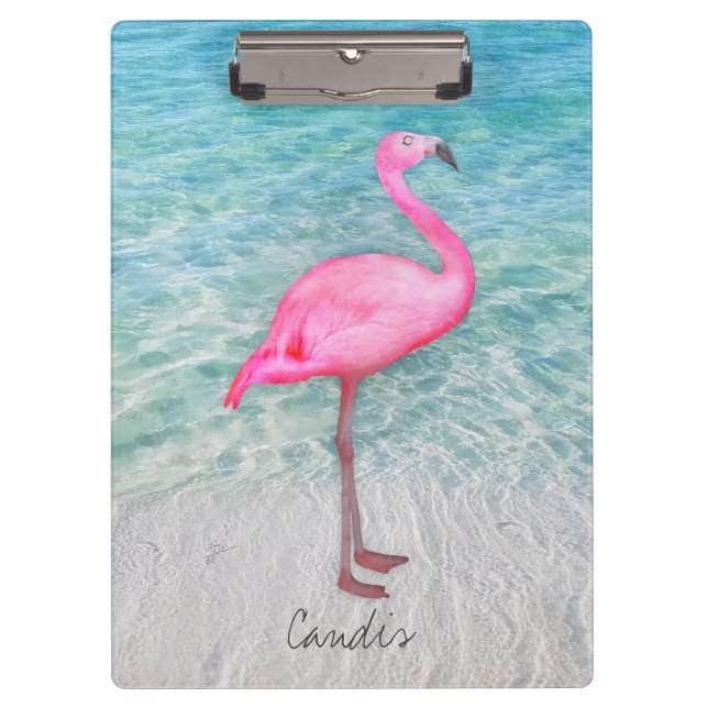 Porte-bloc Flamant rose rose personnalisé Plage de sable trop (Devant)