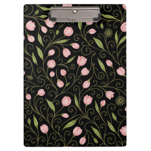 Porte-bloc Fleur mignonne, rose sur noir avec motif répétitif