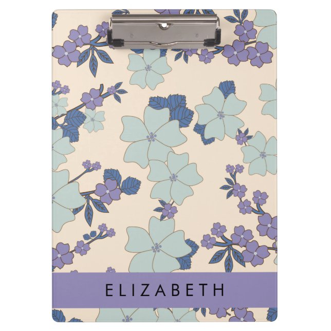 Porte-bloc Fleurs Bleues, Fleurs Violettes, Floral, Votre Nom (Devant)