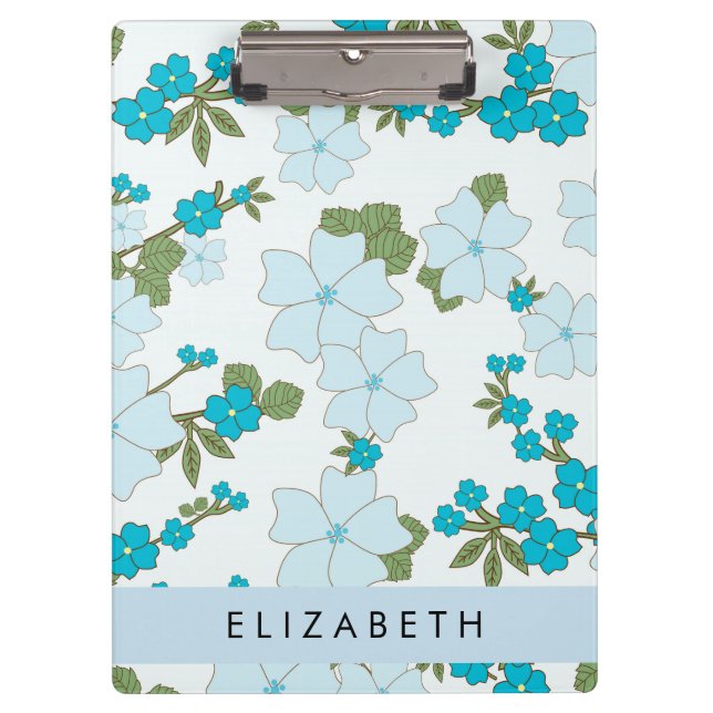 Porte-bloc Fleurs Bleues, Motif De Fleurs, Votre Nom (Devant)