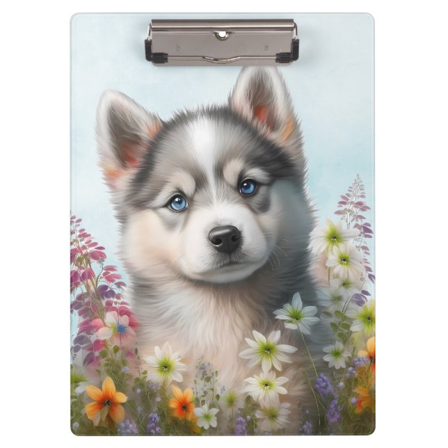 Porte-bloc Fleurs d'aquarelle et chiot sibérien Husky (Devant)