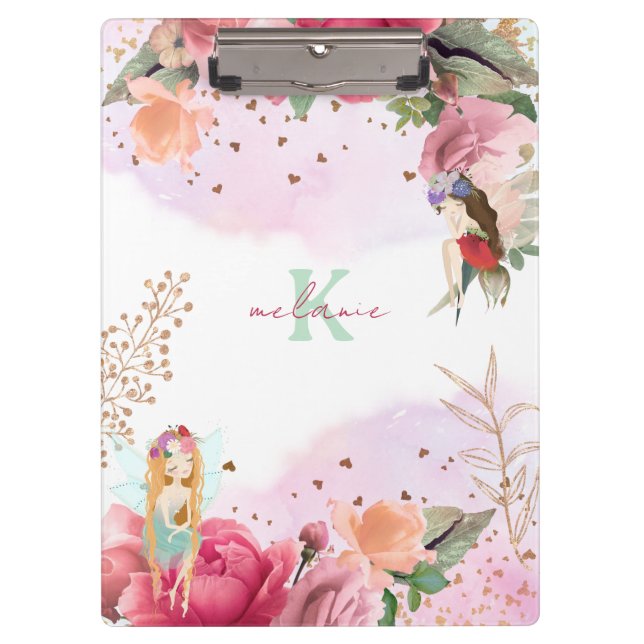 Porte-bloc Fleurs Roses Et Fées Filles Editable (Devant)