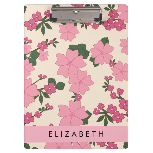 Porte-bloc Fleurs Roses, Motif De Fleurs, Votre Nom (Devant)