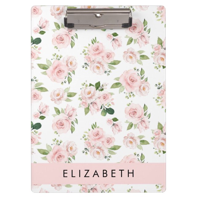 Porte-bloc Fleurs roses, Roses, Fleurs Aquarelles, Votre Nom (Devant)
