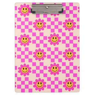 Porte-bloc Fleurs souriantes rose chaud à carreaux avec des c