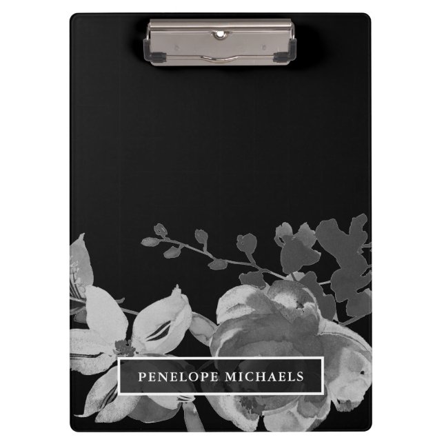 Porte-bloc Floral noir et blanc avec nom (Devant)