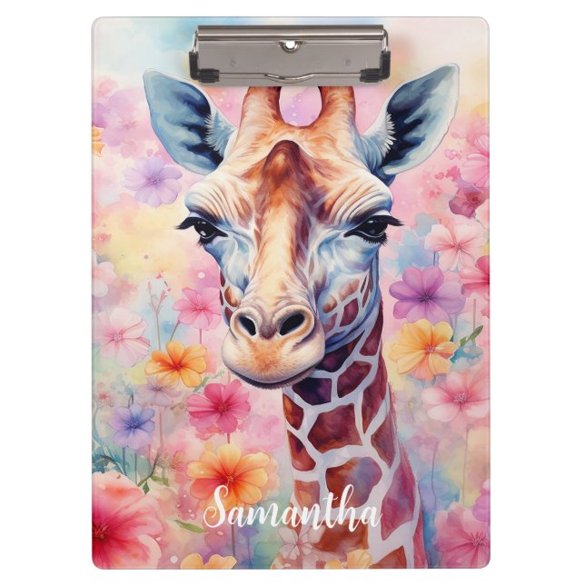 Porte-bloc Giraffe mignonne en fleurs roses (Devant)