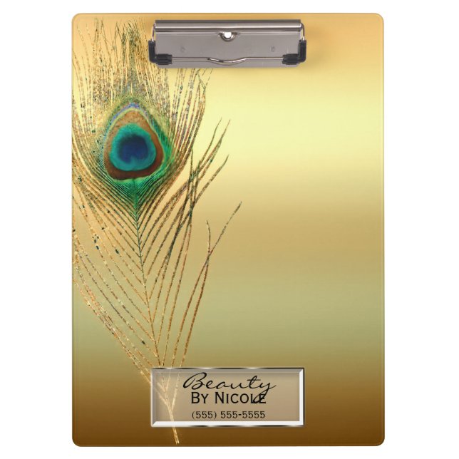 Porte-bloc Glam Elégant en plumes de paon or Personnalisé (Devant)