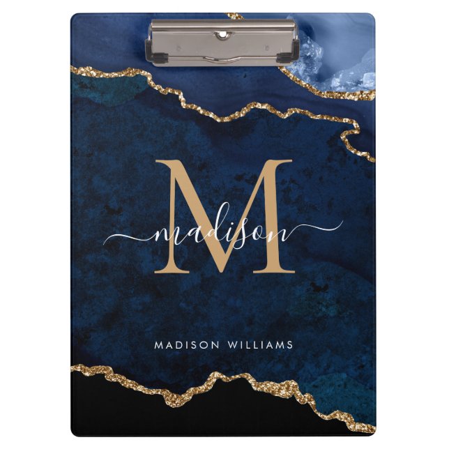 Porte-bloc Glam Navy Blue Gold Parties scintillant Agate Géod (Devant)
