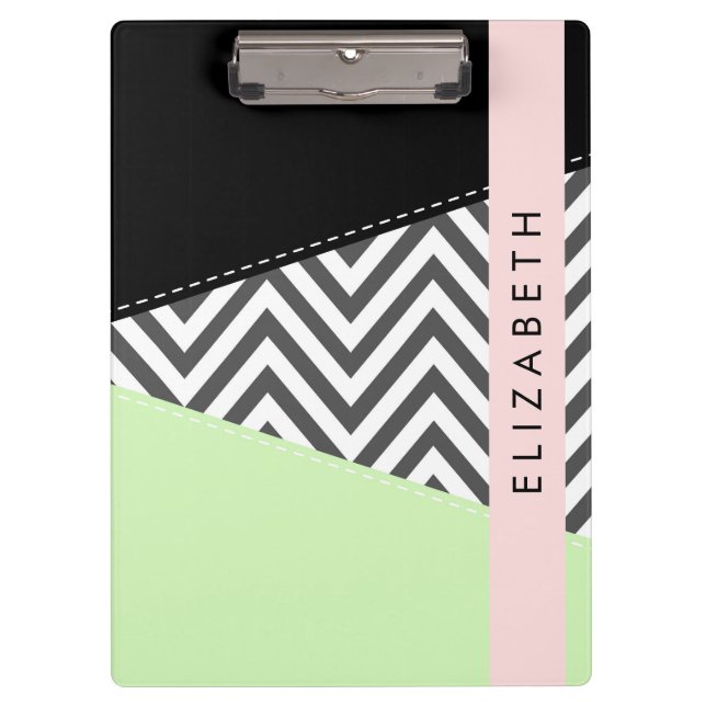 Porte-bloc Grey Zigzag, Grey Chevron, Mint, Votre Nom (Devant)
