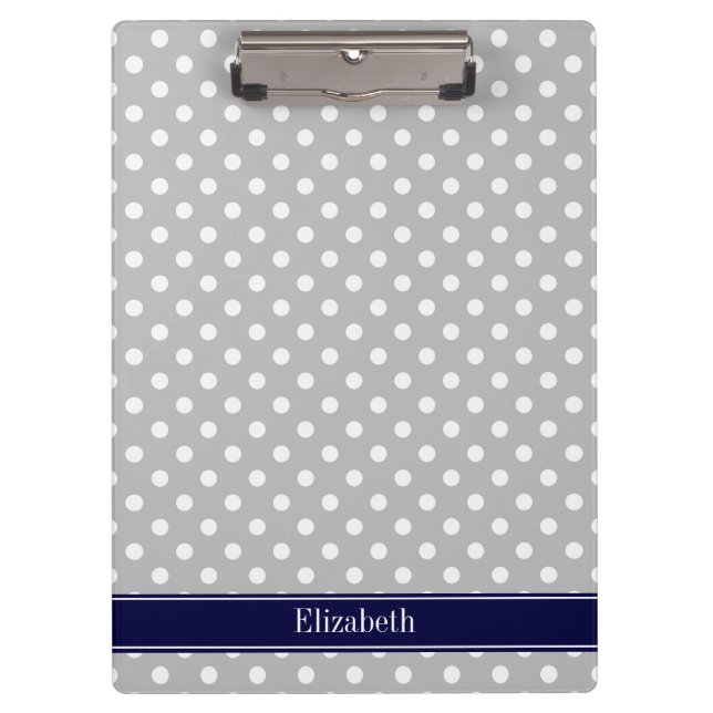 Porte-bloc Gris Blanc Pois Marine Nom bleu Monogramme (Devant)