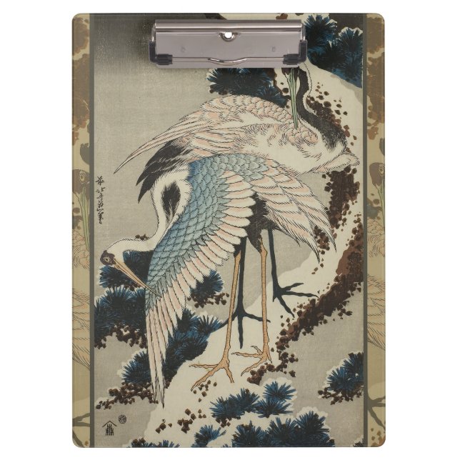 Porte-bloc Grues sur un pin couvert de neige Hokusai (Devant)