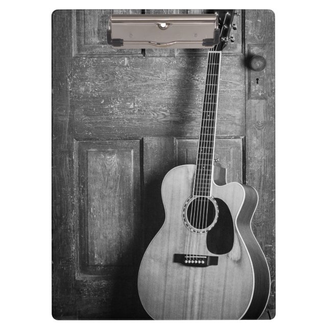 Porte-bloc Guitare penchée contre porte en noir et blanc (Devant)