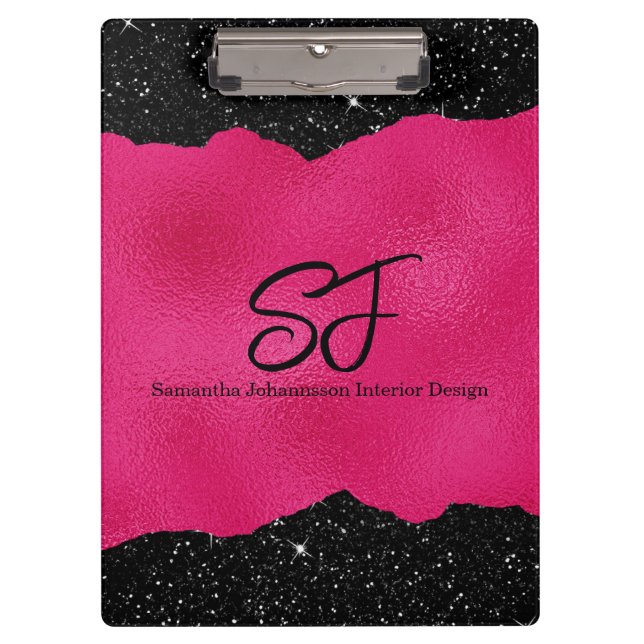 Porte-bloc Initiales Monogrammes sur noir et rose chaud luxue (Devant)