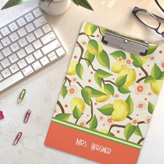 Porte-bloc Lemon Jaune Nom Personnalisé Floral Enseignant (Créateur téléchargé)