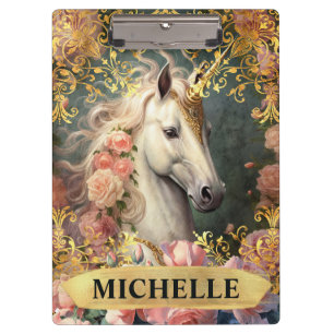 Porte-bloc Licorne blanche vintage aquarelle et roses roses