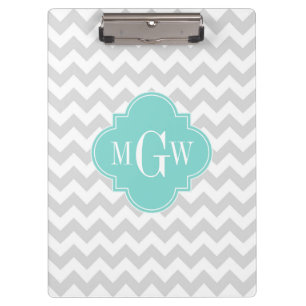 Porte-bloc Lt Grey Blanc Chevron Aqua Quatrefoil 3 Monogramme
