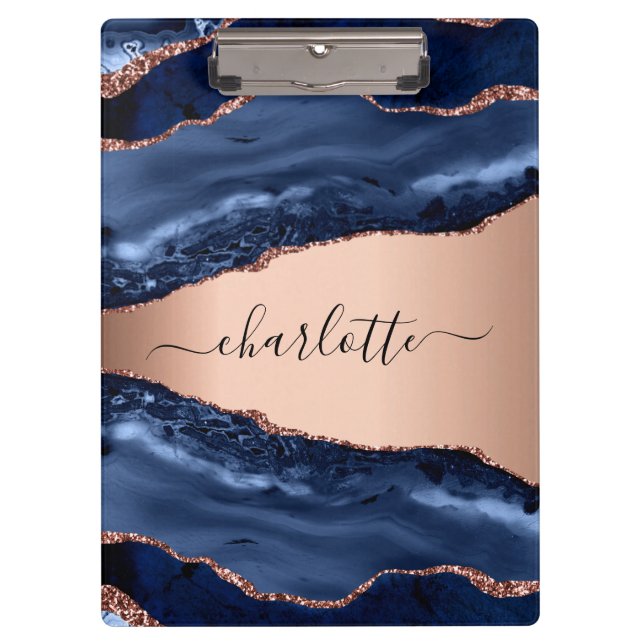 Porte-bloc Marbre bleu rose or nom monogramme (Devant)