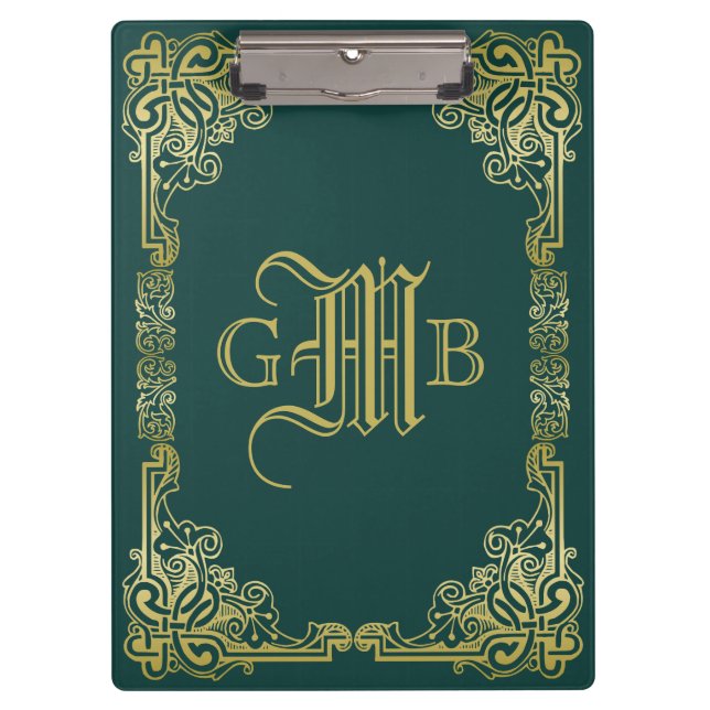 Porte-bloc Mariage Monogramme Classic Gold Frame Dark Green (Devant)