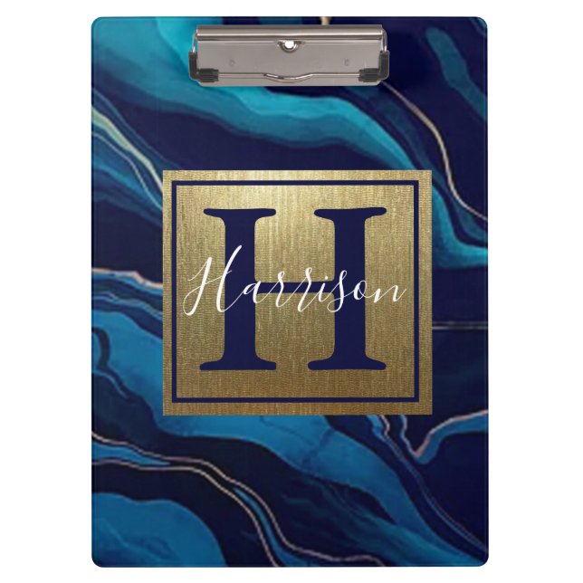 Porte-bloc Marine Blue Agate Marbre Gold Nom et Monogramme (Devant)