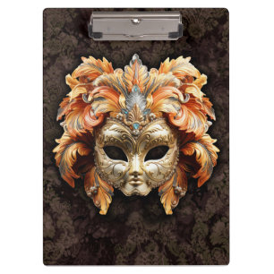 Porte-bloc Masque Lion Doré avec des plumes orange 