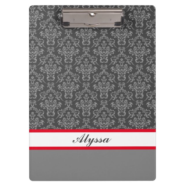 Porte-bloc Modèle de Damas gris et blanc avec nom (Devant)