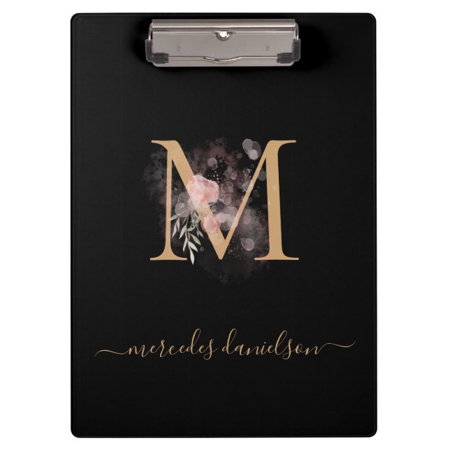 Porte-bloc Moderne Black Gold Blush rose Floral Monogramme (Devant)