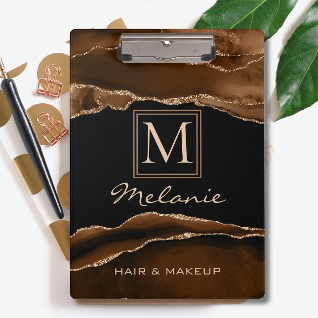Porte-bloc Monogram Gold Brown Moderne Marbre Élégant Chic (Créateur téléchargé)