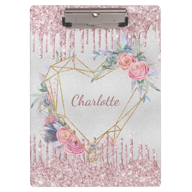 Porte-bloc monogramme de parties scintillant rose pâle à fleu (Devant)